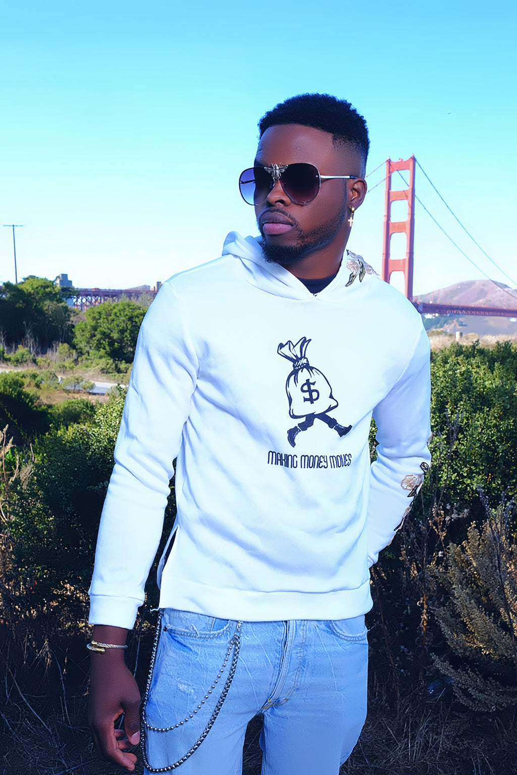 WHITE A KOREAN FLORAL EMBROIDERED HOODIE  WITH MONEY MAKING MOVES INSCRIPTION
