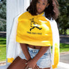 Yellow sweatshirt with white sleeve and blue arm patch accent