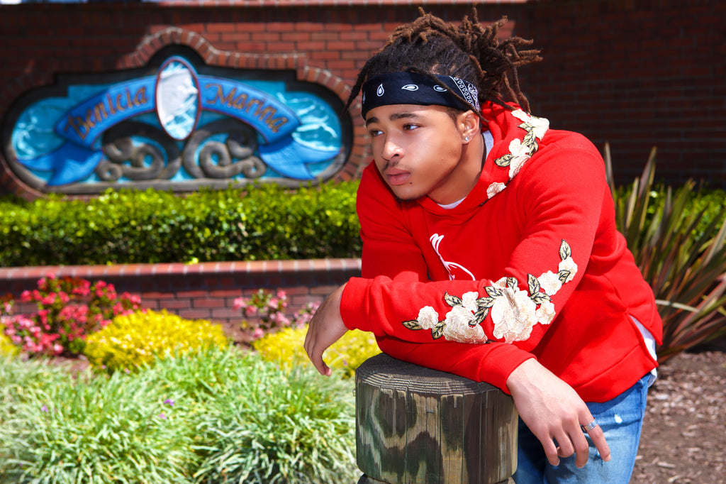 RED KOREAN FLORAL EMBROIDERED HOODIE  WITH MONEY MAKING MOVES INSCRIPTION