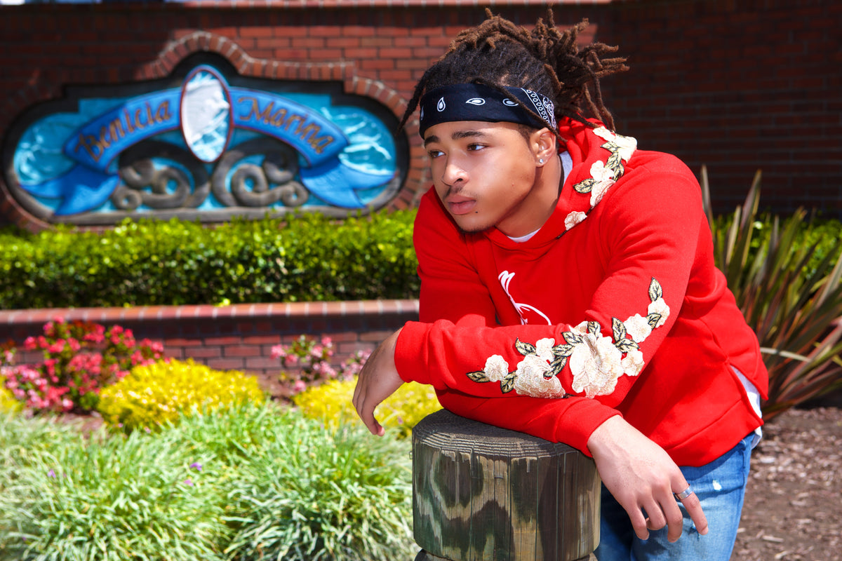 RED KOREAN FLORAL EMBROIDERED HOODIE  WITH MONEY MAKING MOVES INSCRIPTION