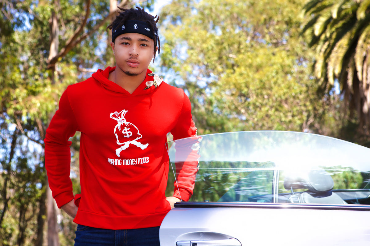 RED KOREAN FLORAL EMBROIDERED HOODIE  WITH MONEY MAKING MOVES INSCRIPTION